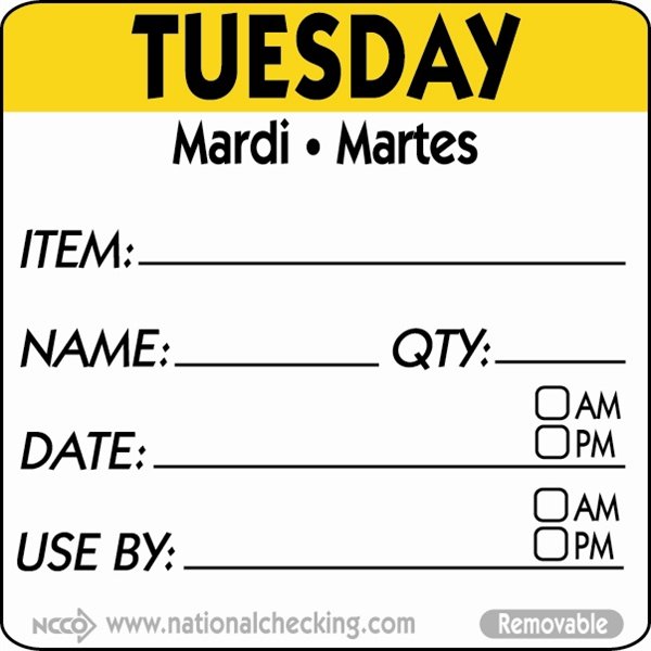 50mm Tuesday  Removable Day Label (500)